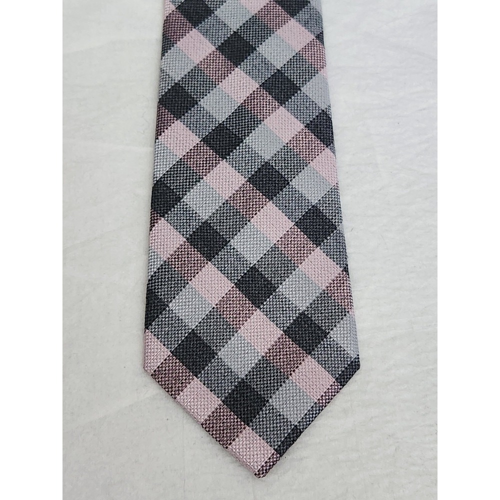 Michael Kors Mens Neck Tie Gray Pink Gingham Check Classic Pointed Necktie